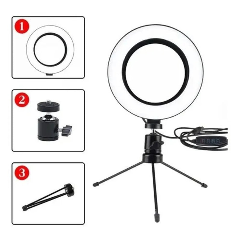 Ring Light Led Mesa Iluminador Pequena 6 Polegada Tripé 16cm Acessórios iluminação