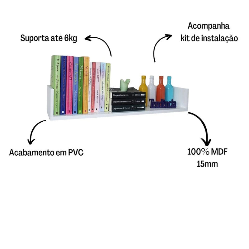 Kit 02 Prateleiras U 60cm Branco MDF Sala Quarto Cozinha Decorativo