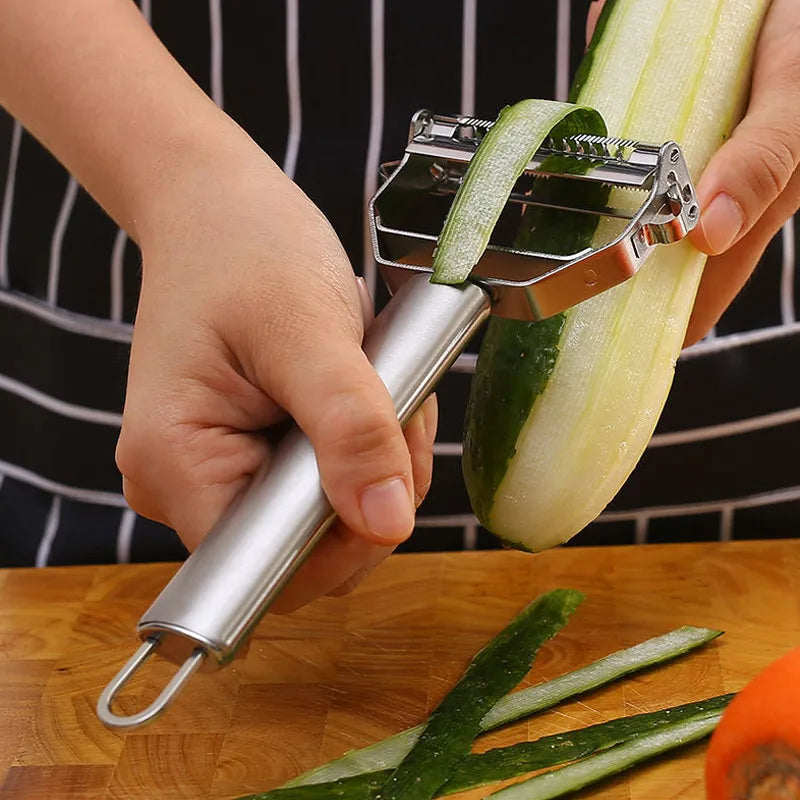 Descascador multifuncional 4 em 1 para vegetais e frutas, aço inoxidável, durável.